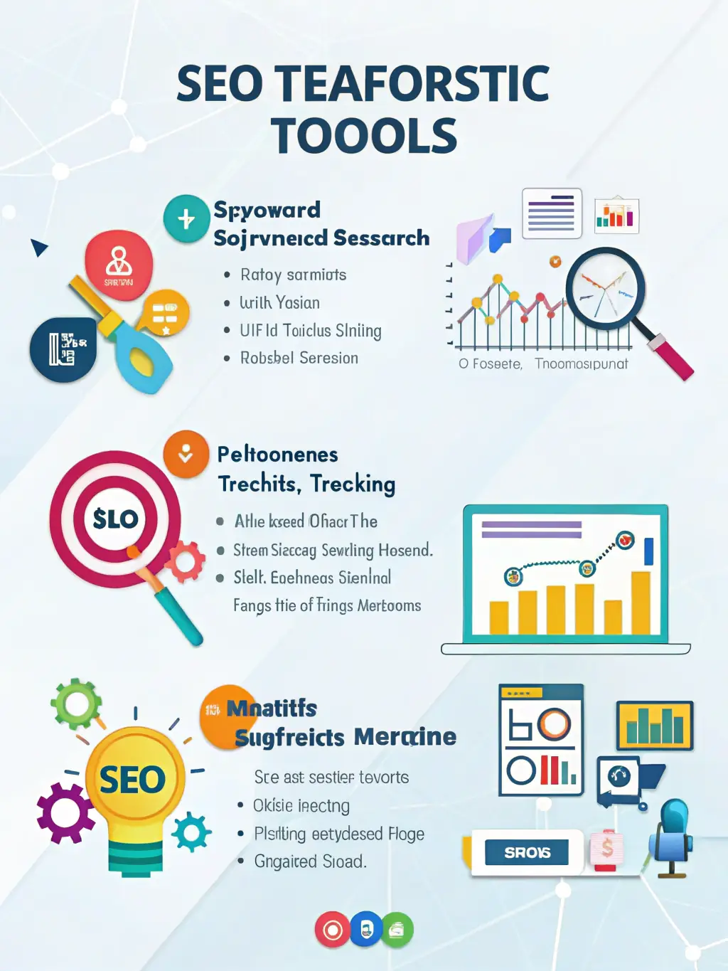 A professional, modern graphic illustrating search engine optimization techniques, such as keyword research, backlink building, and technical SEO, with a focus on data analysis and results-driven strategies.